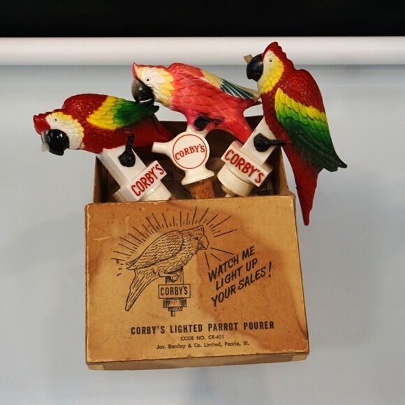 Vintage 1950s Corbys Whiskey 3 Parrot Pourers NOT WORKING Original Box w Manual - Picture 1 of 8